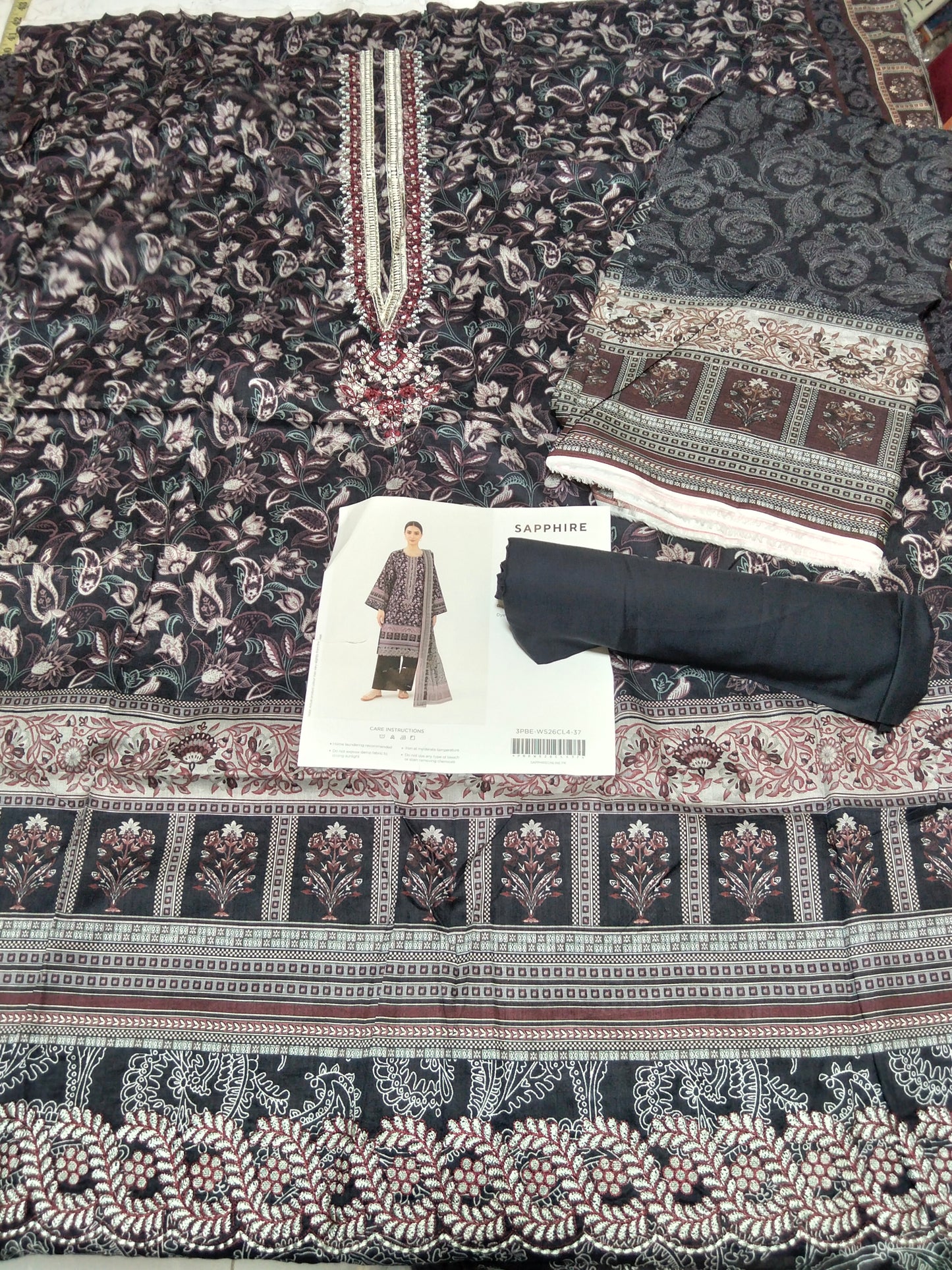 Sale sapphire embroided lawn 3pc with plain trouser