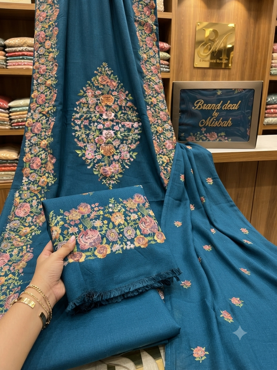 Luxury embroided karandi 3pc with embroided karandi shawl