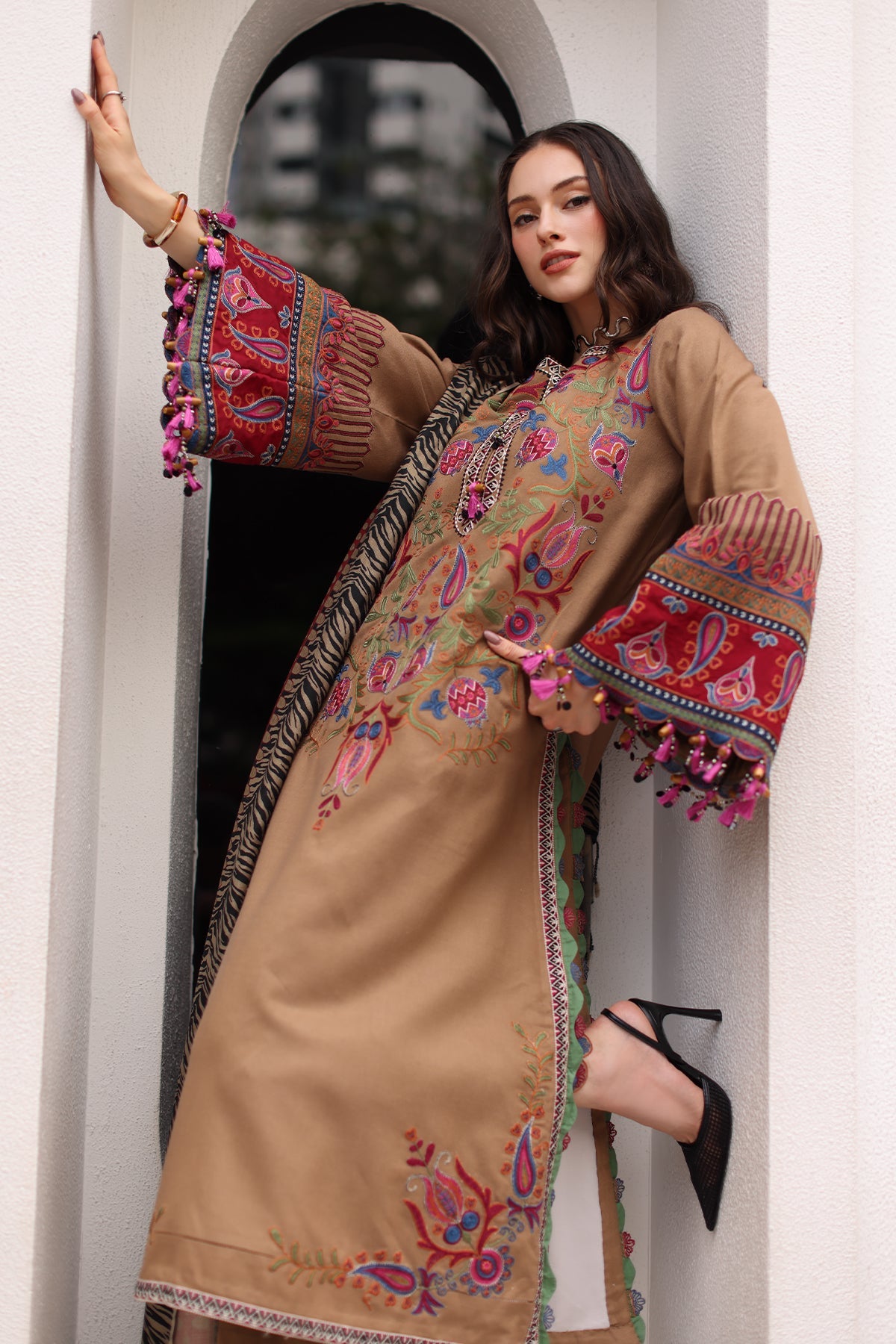 Charizma (poshima) unstitched 3Pc embroidered peach leather with printed pashmina shawl