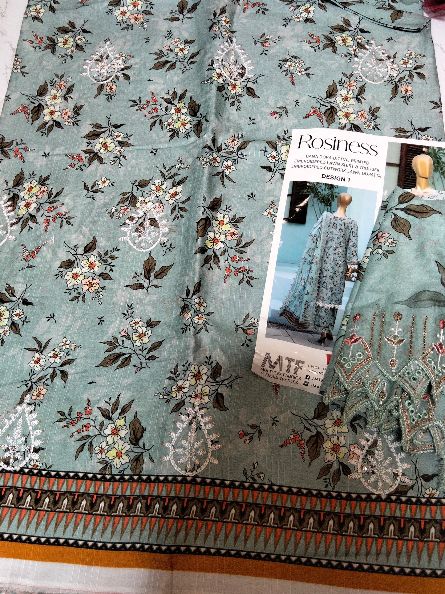 Sale Mtf  Allover Embroidered/Printed Lawn 3pc with Cutwork Lawn Dupatta