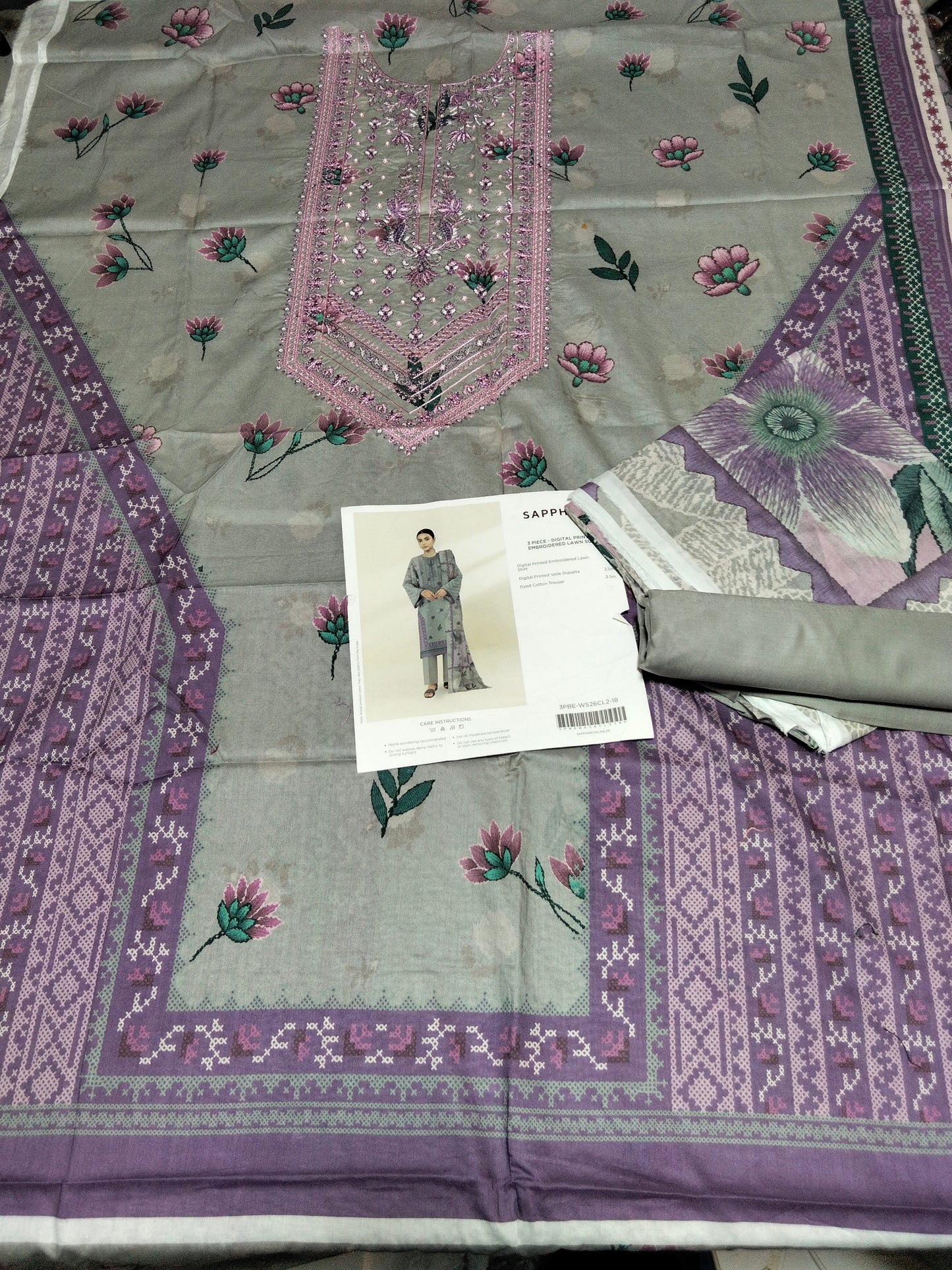 Sale sapphire embroided lawn 3pc with plain trouser