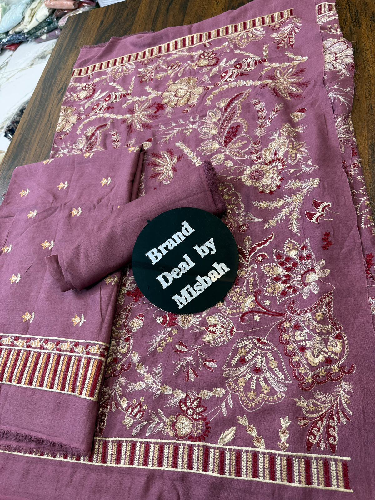 Luxury embroided karandi 3pc with heavy embroided shawl light embroided shirt plain trouser