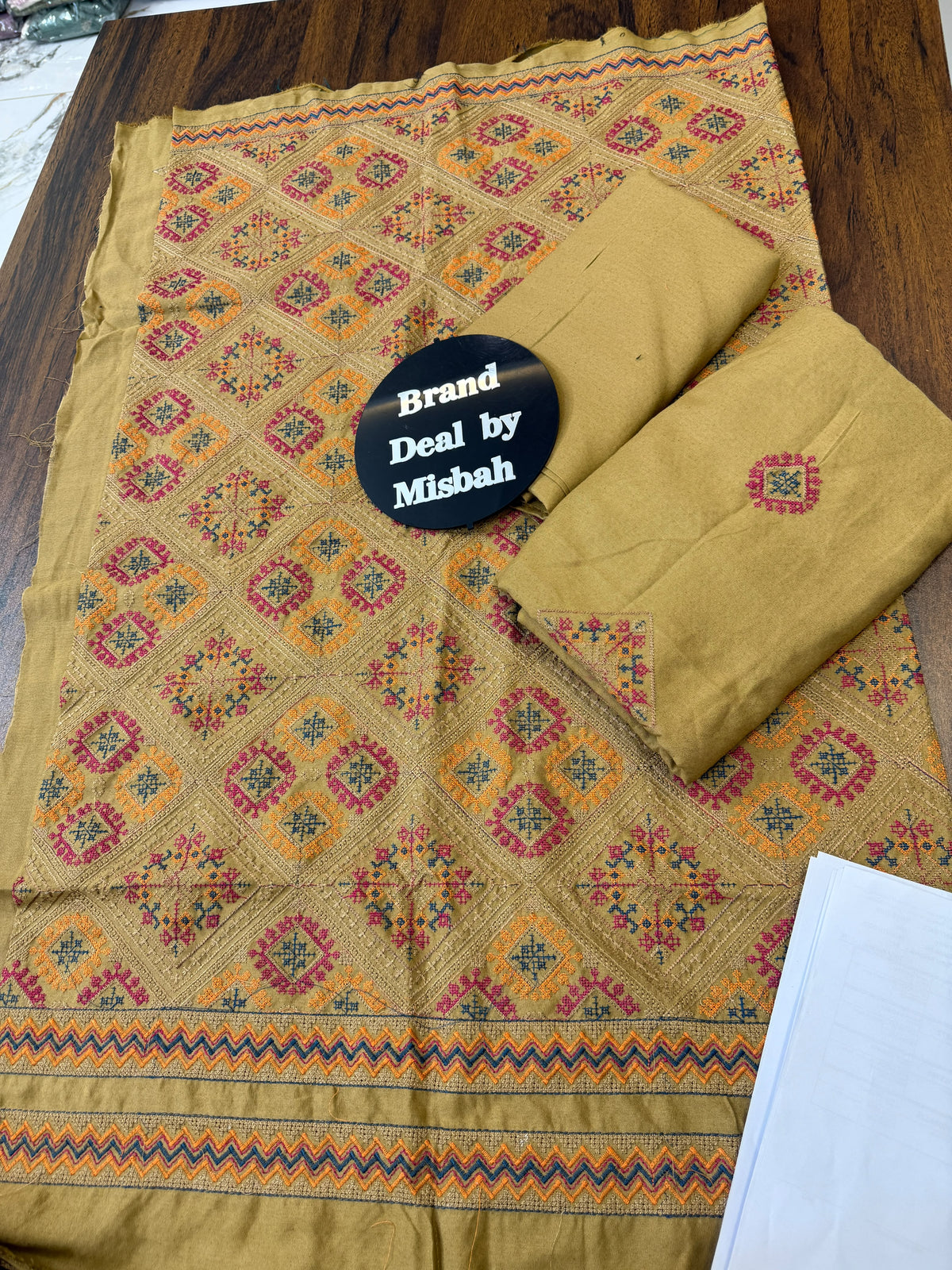 Luxury embroided karandi 3pc with heavy embroided shawl light embroided shirt plain trouser