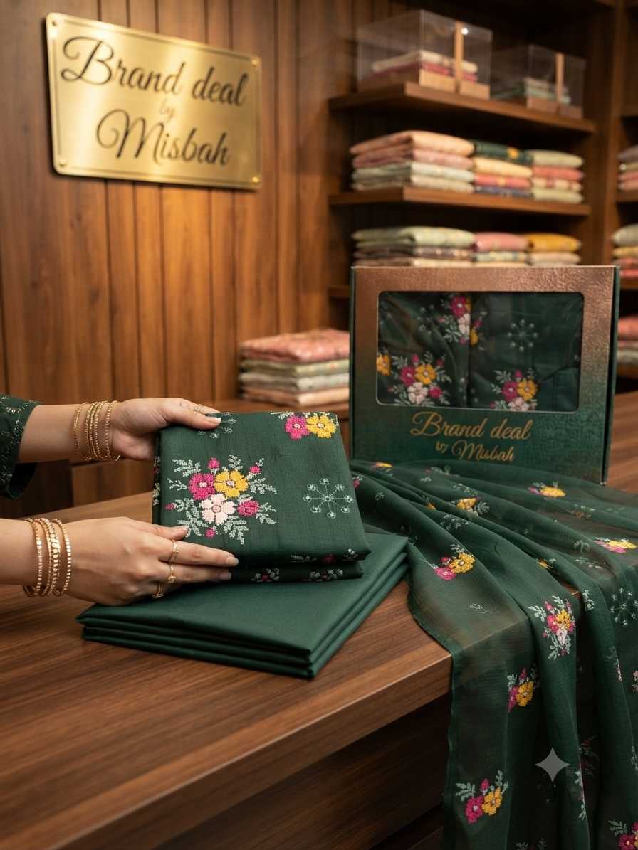 Luxury Karandi embroided 3pc with embroided chiffon duppata plain karandi trouser