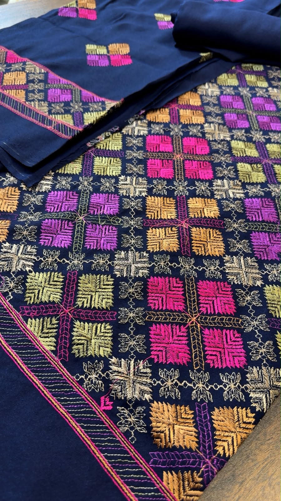 Navy blue Luxury embroided karandi 3pc with heavy embroided shawl light embroided shirt plain trouser