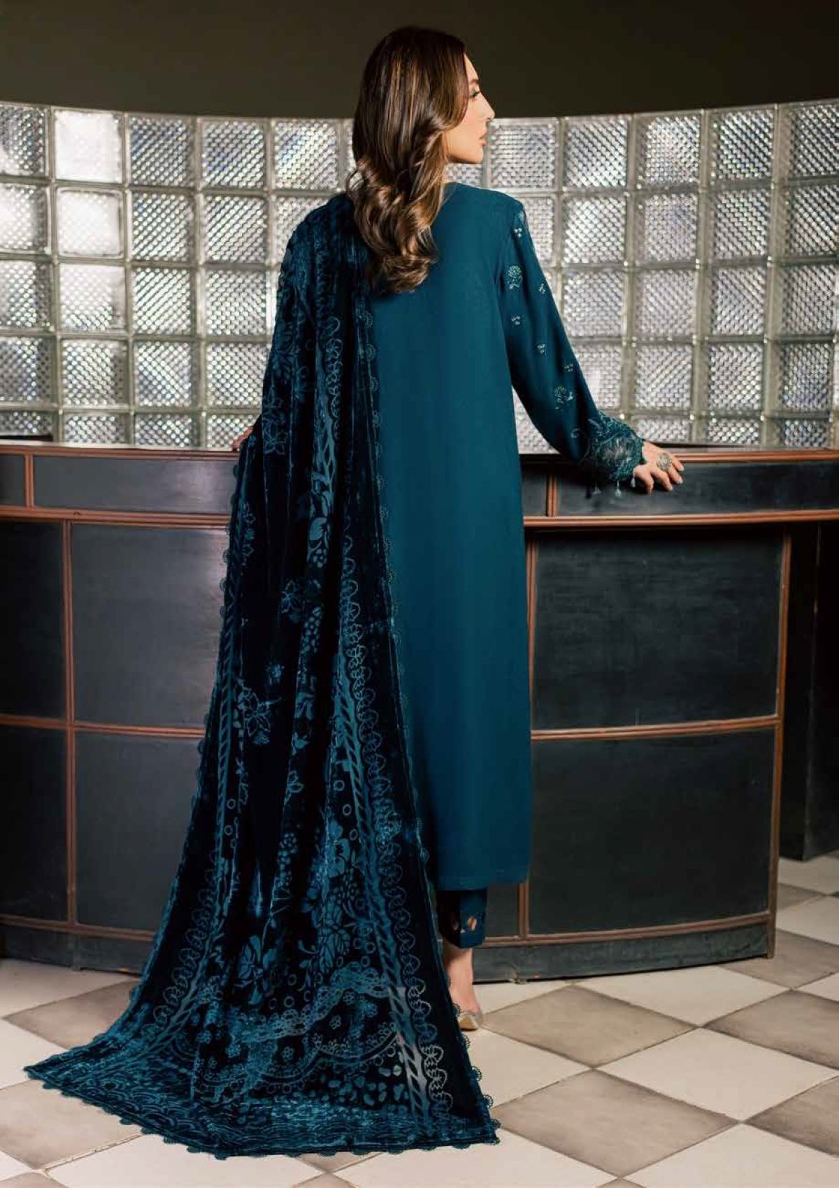Nureh 3pc  embroided peach leather shirt with velvet palachi shawl and dyed peach leather trouser