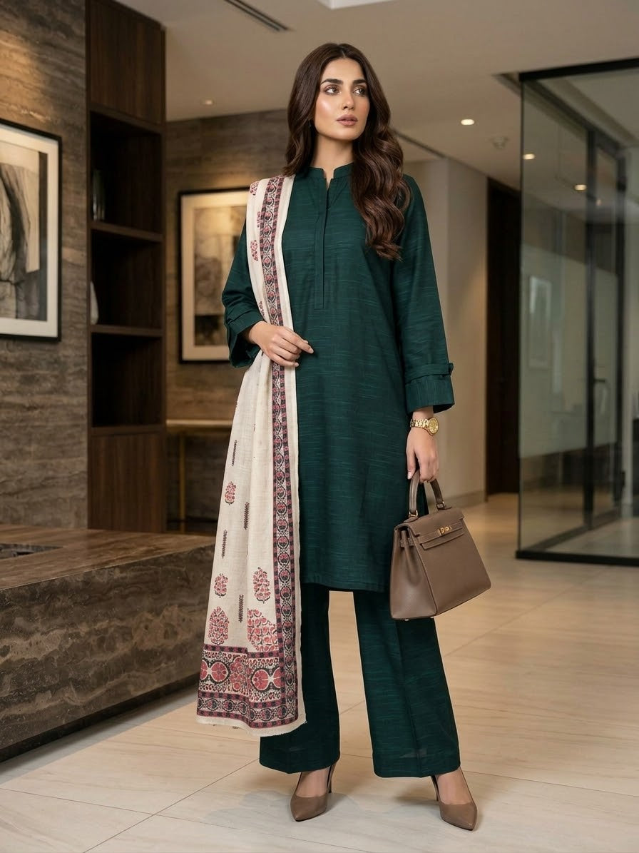 Hussain Rehar 3pc plain khadar shirt trouser with printed wool shawl