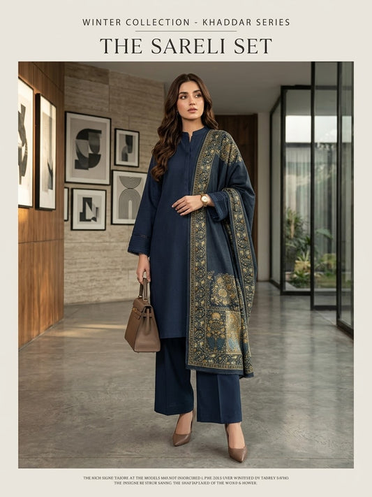 Hussain rehar 3pc plain khadar shirt and trouser with printed wool shawl