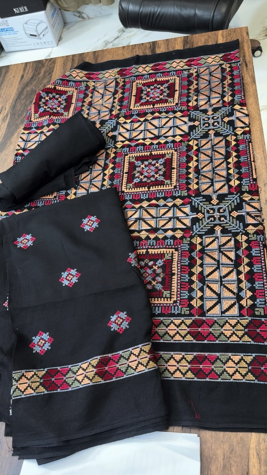 Luxury embroided karandi 3pc with heavy embroided shawl light embroided shirt plain trouser