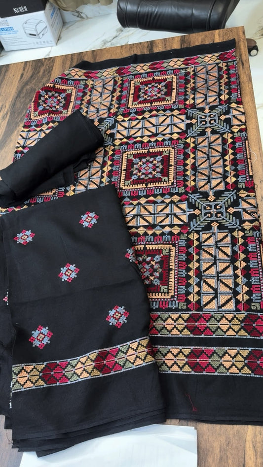 Luxury embroided karandi 3pc with heavy embroided shawl light embroided shirt plain trouser