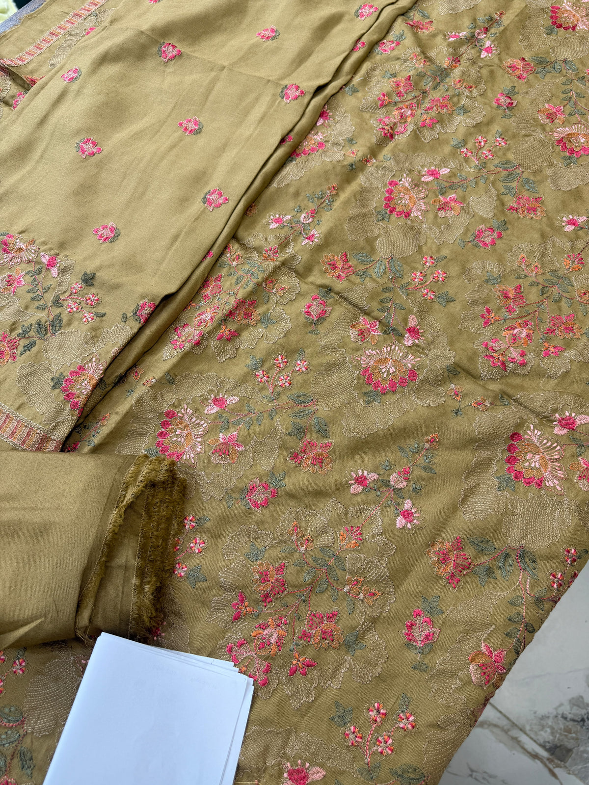 Luxury embroided karandi 3pc with heavy embroided shawl light embroided shirt plain trouser